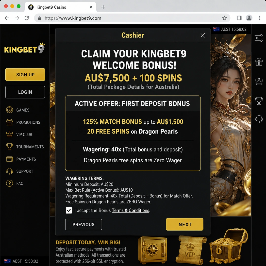 KingBet9 cashier showing the first-deposit 125 percent match up to A$1,500 with 20 zero-wager free spins on Dragon Pearls, 35x wagering terms at the foot.