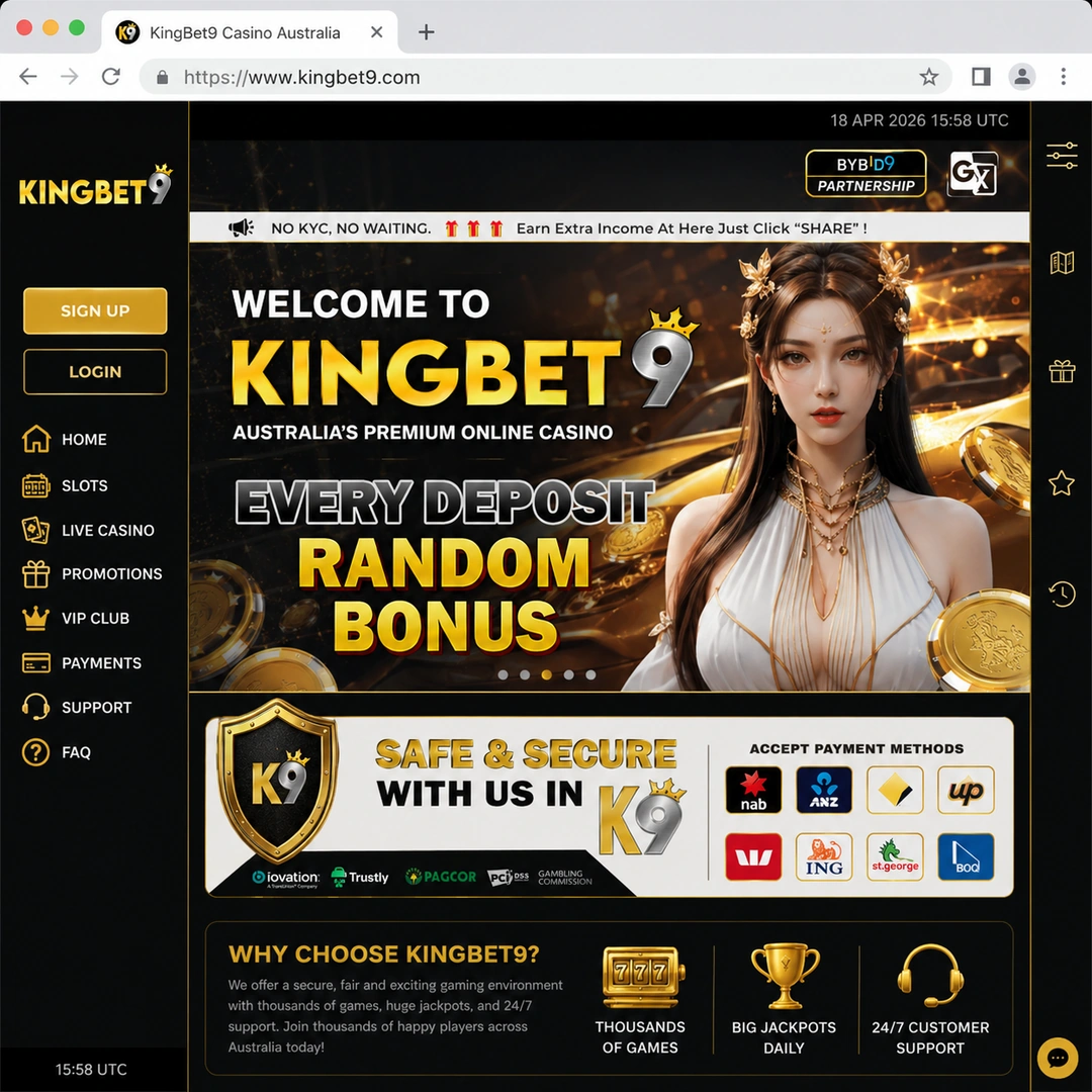 KingBet9 Casino homepage open in Chrome on 18 June 2026, showing the A$7,500 two-deposit welcome banner and the main navigation.
