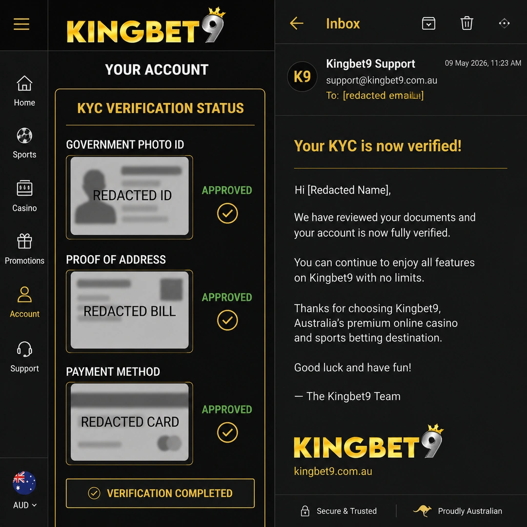 KingBet9 verification panel with three KYC documents approved, beside the confirmation email timestamped 22 hours after upload; personal identifiers redacted.