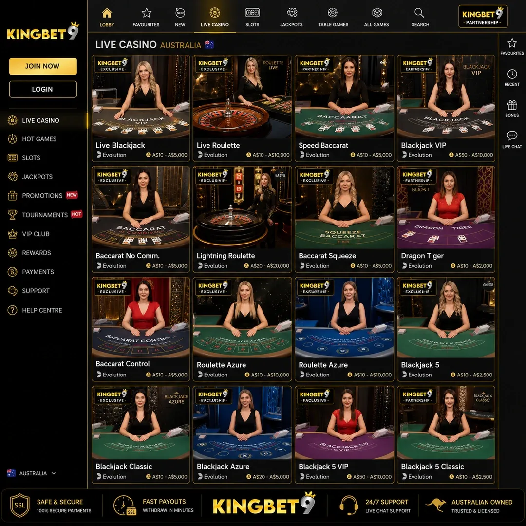 live casino lobby with blackjack, roulette, baccarat and Tiger Bonus Baccarat tables visible; the feeds are from secondary studios rather than Evolution or Pragmatic Live.