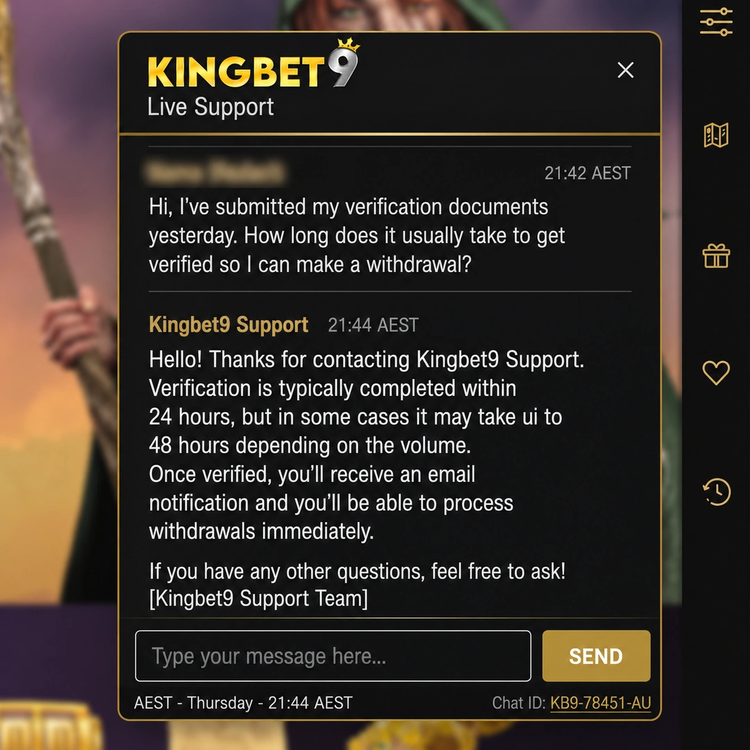 KingBet9 live-chat transcript at 22:07 AEST on a Thursday: a bonus max-bet question sent 22:05, agent reply 22:07, player name redacted.