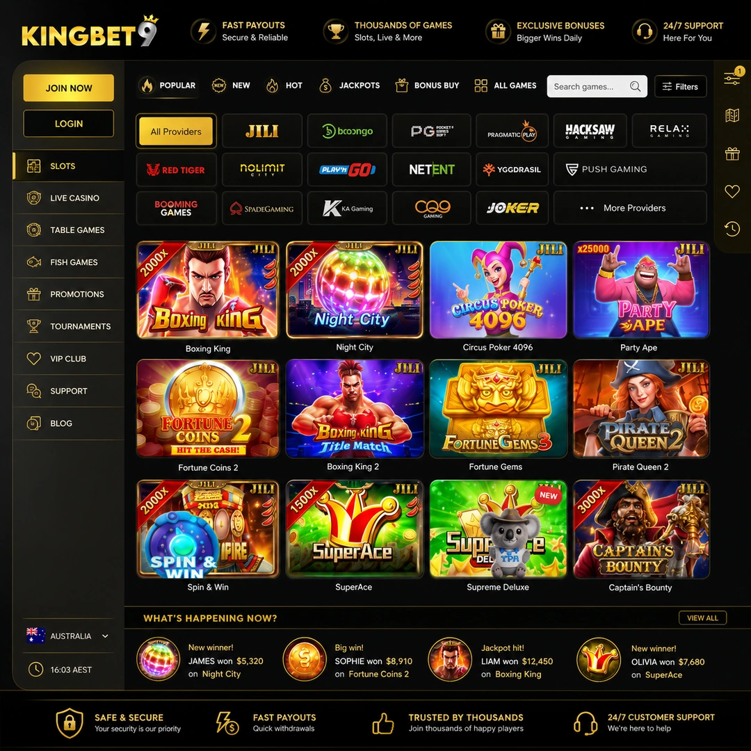 KingBet9 pokies lobby with the provider filter open.