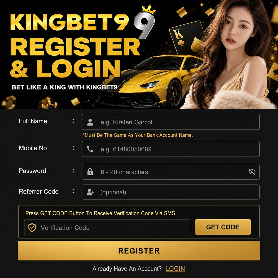 KingBet9 sign-up form with AUD as base currency and the 18+ age confirmation checkbox; personal data fields redacted.